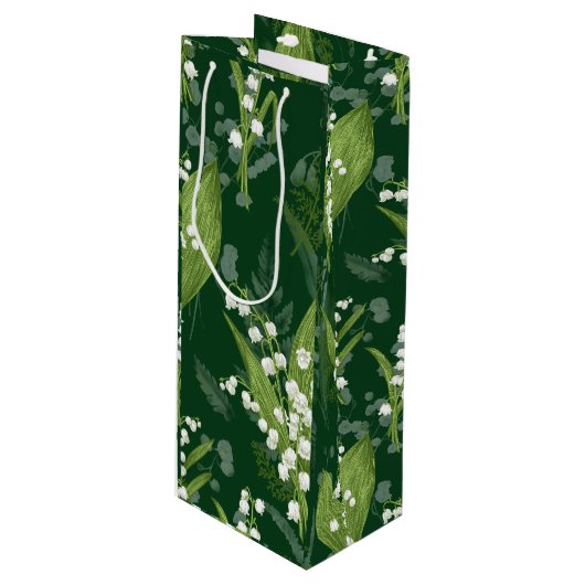 Lily of Valley mit Ferns | Dunkelgrün Geschenktüte Für Weinflaschen (Vorderseite Schrägansicht)
