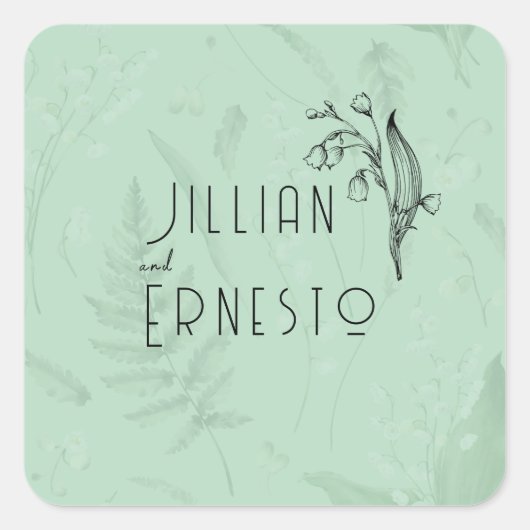 Lily of Valley mit Ferns | Weich grün mit Grafik Quadratischer Aufkleber (Vorderseite)