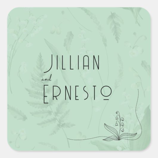 Lily of Valley mit Ferns | Weich grün mit Grafik Quadratischer Aufkleber (Vorderseite)