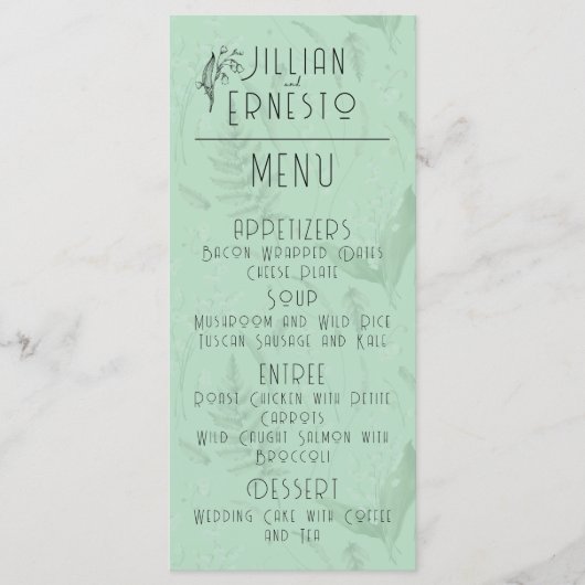 Lily of Valley mit Ferns | Weichgrün Menükarte (Vorderseite)