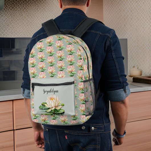 Lily Pad Lotus Blume Pink und Sage Green Monogram Bedruckter Rucksack