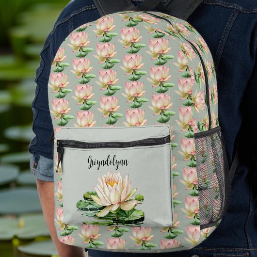 Lily Pad Lotus Blume Pink und Sage Green Monogram Bedruckter Rucksack