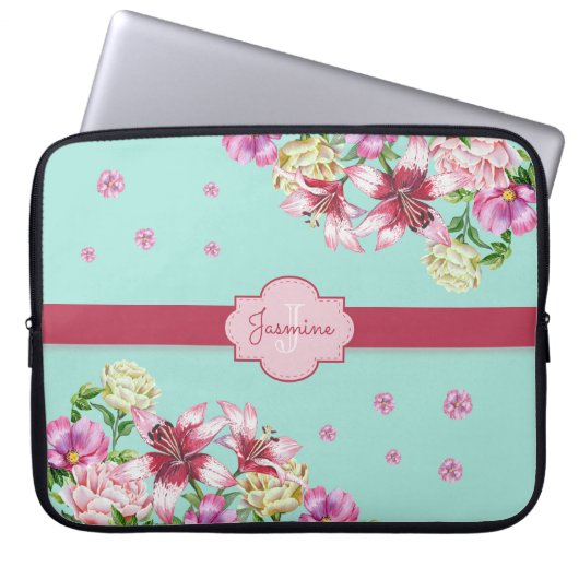 Lily & Peony Floral Aqua Laptopschutzhülle (Vorderseite)