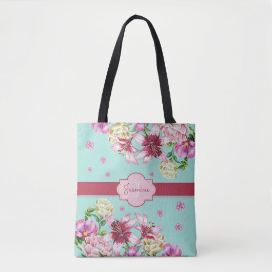 Lily & Peony Floral Aqua Tasche (Vorderseite)