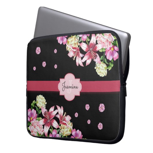 Lily & Peony Floral Black Laptopschutzhülle (Vorderseite Links)
