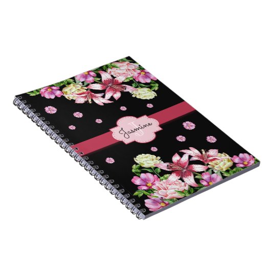 Lily & Peony Floral Black Notizblock (Rechte Seite)