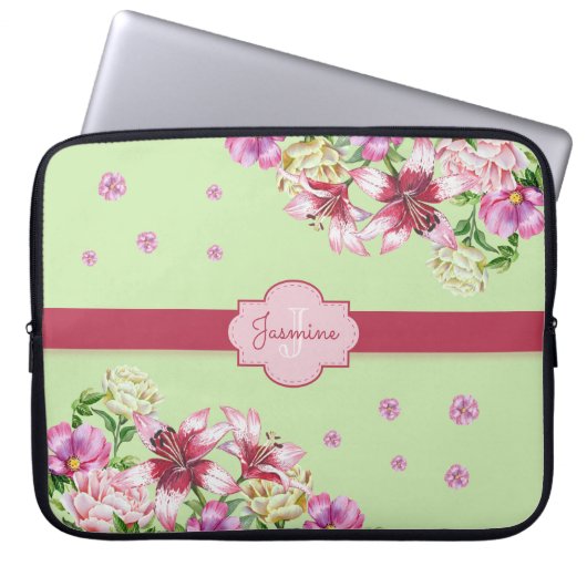 Lily & Peony Floral Mint Green Laptopschutzhülle (Vorderseite)