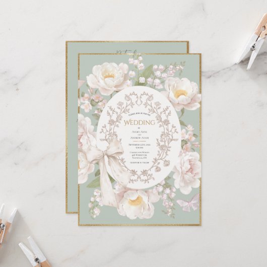Lily Peony Floral Vintage Budget Wedding Einladung (Vorderseite/Rückseite Beispiel)