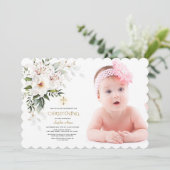 Lily Rose Foto Girl Christening Einladung (Stehend Vorderseite)