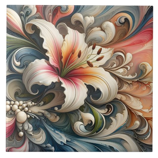 Lily umgeben von farbenfrohen, wirbelnden Mustern Fliese (Vorderseite)