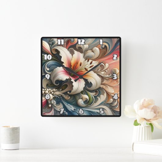 Lily umgeben von farbenfrohen, wirbelnden Mustern Quadratische Wanduhr (Zuhause)