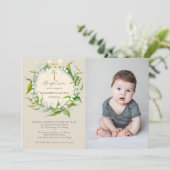 Lily Valley Bow Gold Formal Chic Foto Taufe Einladung (Stehend Vorderseite)