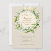 Lily Valley Gold Cross Wreath Bow Child Baptisse Einladung (Vorderseite)