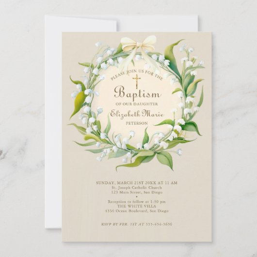 Lily Valley Gold Cross Wreath Bow Child Baptisse Einladung (Vorderseite)