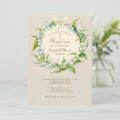 Lily Valley Gold Cross Wreath Bow Child Baptisse Einladung (Stehend Vorderseite)