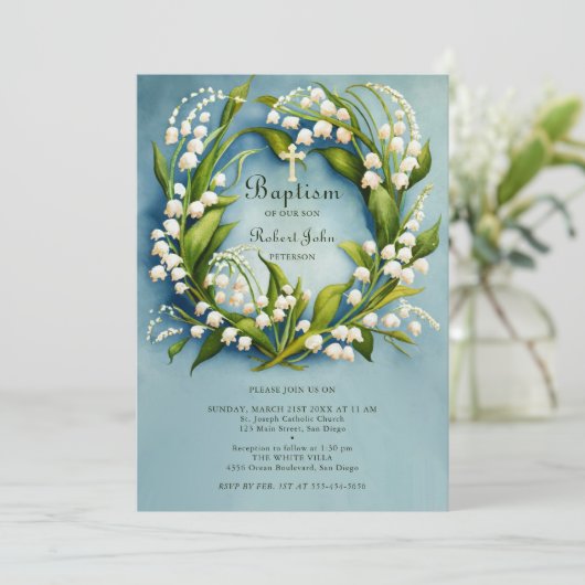 Lily Valley Gold Cross Wreath Formal Blue Baptisse Einladung (Stehend Vorderseite)