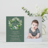 Lily Valley Green Gold Formal Chic Foto Taufe Einladung (Stehend Vorderseite)