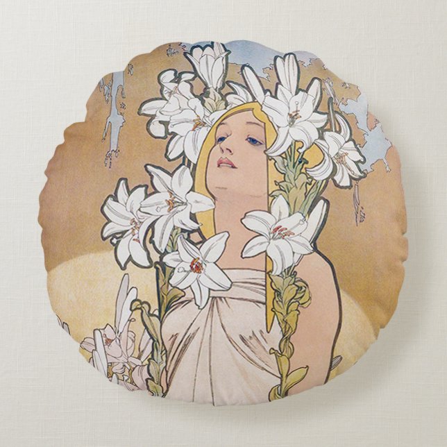 Lily (vier Blume), Alphonse Mucha Throw Kissen (Vorderseite)