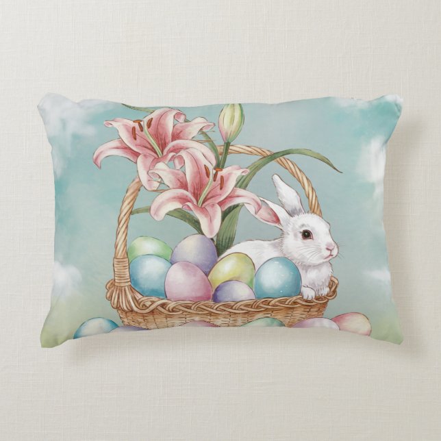 Lily Watercolor & Pasteleier mit Bunny in Basket Dekokissen (Vorderseite)