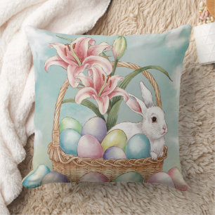 Lily Watercolor & Pasteleier mit Bunny in Basket Kissen