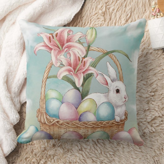 Lily Watercolor & Pasteleier mit Bunny in Basket Kissen (Decke)