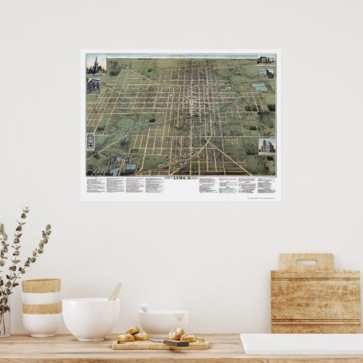 Lima, OH Panoramakarte - 1892 Poster (Küche)