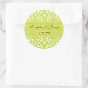 Limbgrünes Vintage-Damask-Lace-Chic-Hochzeitsgesch Runder Aufkleber
