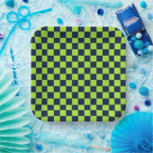Lime and navy checkerboard pattern pappteller (Party)