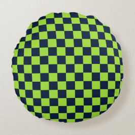 Lime and navy checkerboard pattern rundes kissen