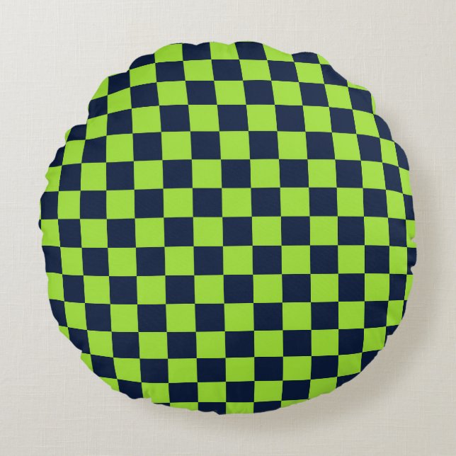 Lime and navy checkerboard pattern rundes kissen (Vorderseite)