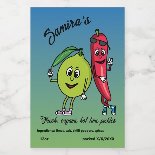 Lime and Pepper Pals Funny Cartoon Lime Pickles Lebensmitteletikett (Einzelnes Label)