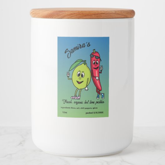 Lime and Pepper Pals Funny Cartoon Lime Pickles Lebensmitteletikett (Vorderseite)