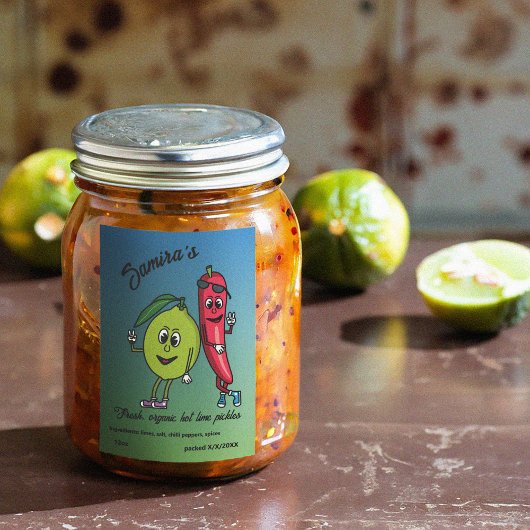 Lime and Pepper Pals Funny Cartoon Lime Pickles Lebensmitteletikett
