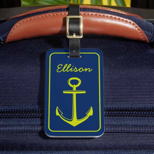 Lime Green Anchor auf Navy Blue Personalisiert Gepäckanhänger (Vorderseite Insitu 2)