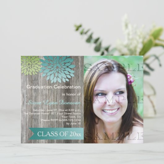 Lime Green Aquamarin Petals Barn Wood Graduation P Einladung (Stehend Vorderseite)