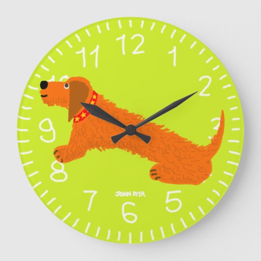 Lime Green Art Clock: John Dyer Sausage Dog Design Große Wanduhr (Vorderseite)