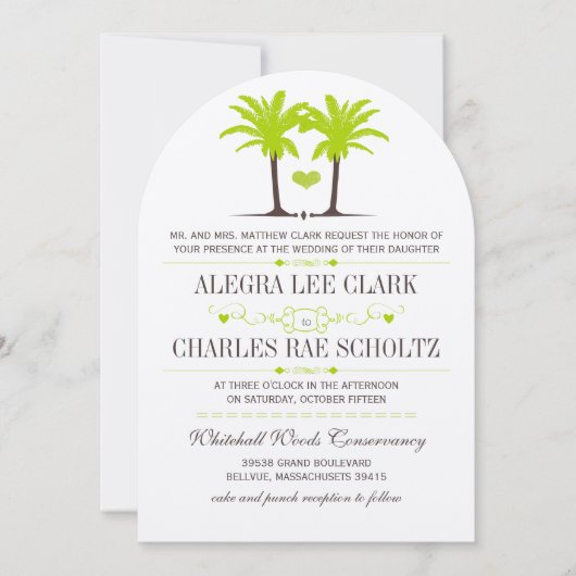 Lime Green Beach Palm Tree Zieltypografie Einladung (Vorderseite)