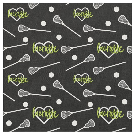 Lime Green Black Lacrosse Sticks & Hearts Muster Stoff (Nahaufnahme)
