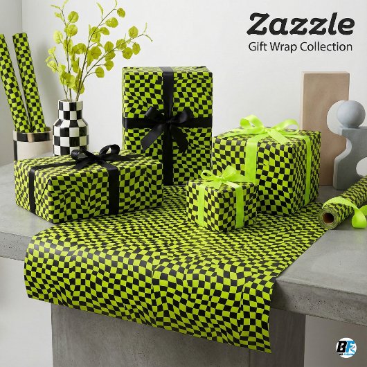 Lime Green Black Warped Checkerboard Trippy Patter Geschenkpapier