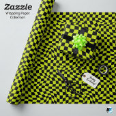 Lime Green Black Warped Checkerboard Trippy Patter Geschenkpapier