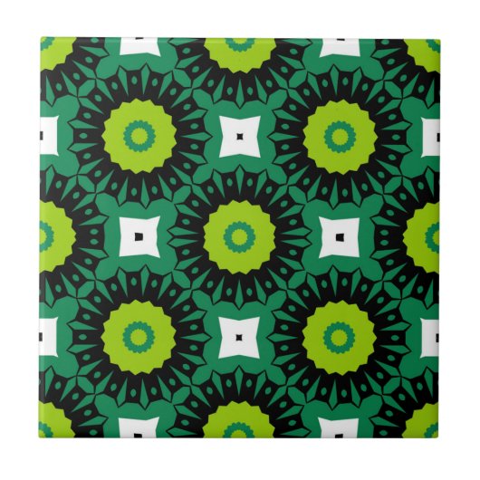 Lime Green Black & White Mosaic Geometric Pattern Fliese (Vorderseite)