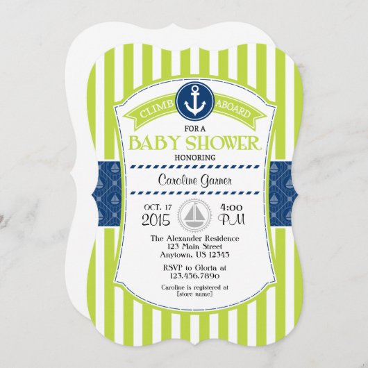 Lime Green Blue Nautical Baby Shower Einladung (Vorne/Hinten)