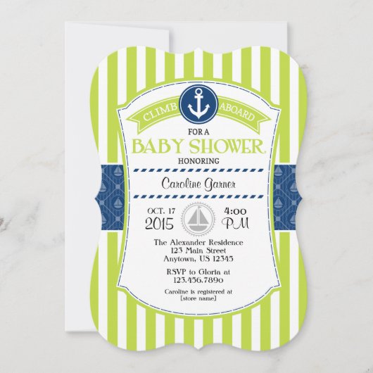 Lime Green Blue Nautical Baby Shower Einladung (Vorderseite)