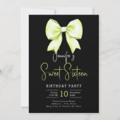 Lime Green Bow Coquette Script Sweet 16 Black Einladung (Vorderseite)
