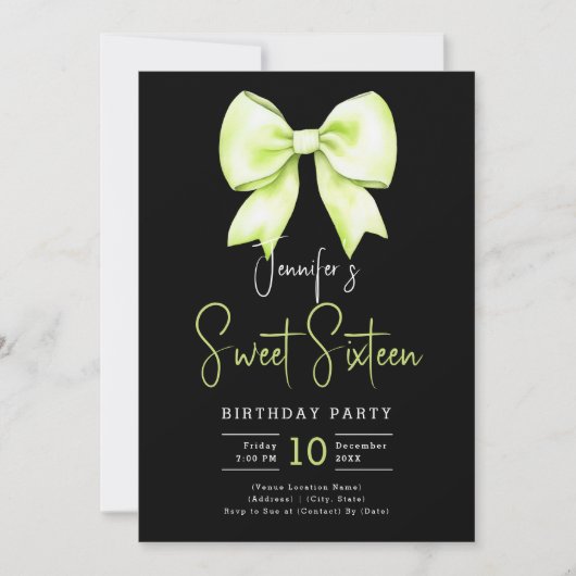 Lime Green Bow Coquette Script Sweet 16 Black Einladung (Vorderseite)