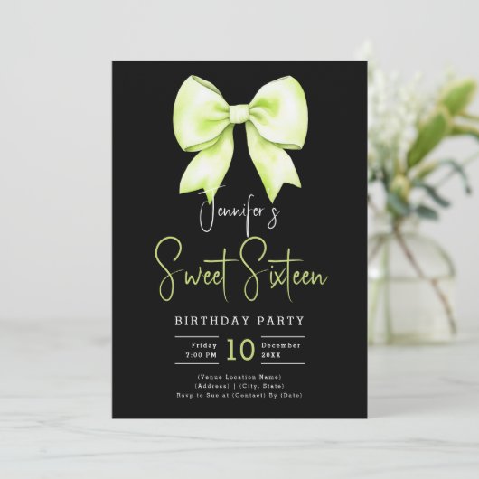 Lime Green Bow Coquette Script Sweet 16 Black Einladung (Stehend Vorderseite)