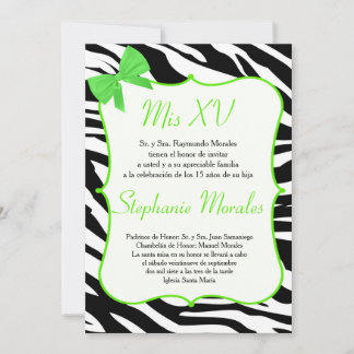 Lime Green Bow und Zebra Quinceanera Einladung