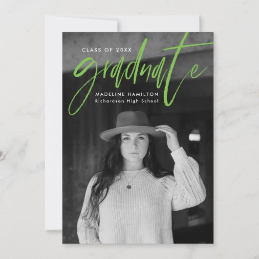 Lime Green Brush Script 4 Foto Abschluss Ankündigung (Vorderseite)