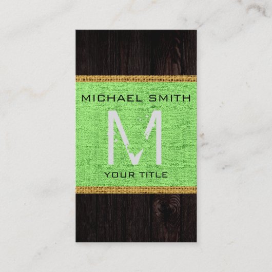 Lime Green Burlap Rustic Monogram Visitenkarte (Vorderseite)