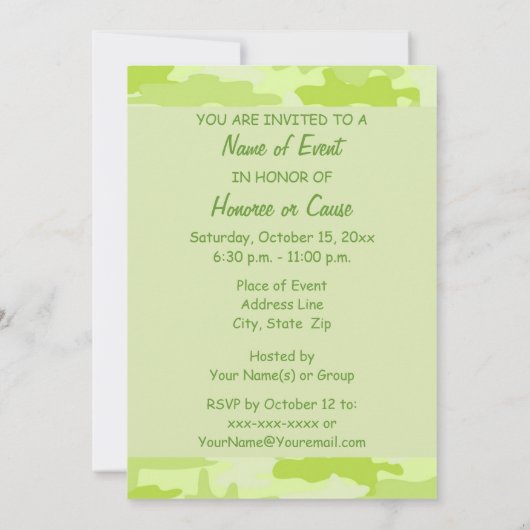 Lime Green Camouflage Camouflage Party Event Einladung (Rückseite)